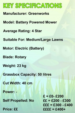 greenworks battery mower spec image